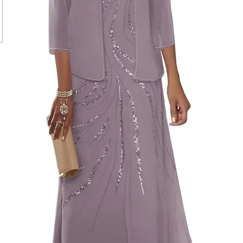 Purple Sequin Embellished Gown with 3/4 Sleeves